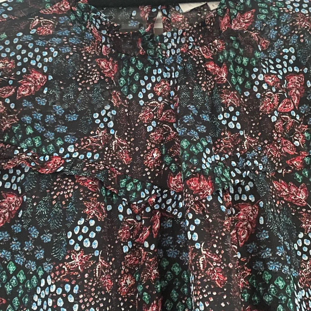 LOFT Floral Sheer Blouse Smocked Ruffle Neck Puff Sleeve Top Small